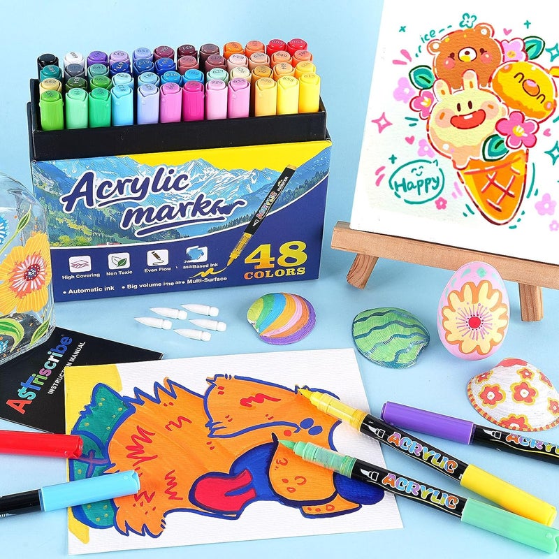 Astriscribe 48 Colors Acrylic Paint Pens Markers, No-Bleed Brush Tip Acrylic Markers with Automatic Ink Control System, for Stone, Wood, Canvas, Ceramic, Glass, Metal, Rock Painting, Crafts Art Supplies Kit - Image 4